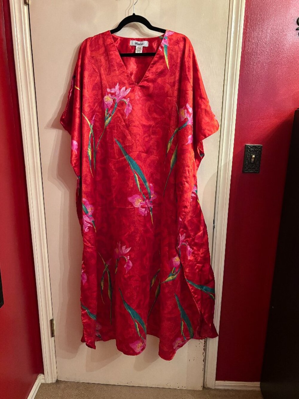 Vintage Winlar Red Kaftan One Size Fits Most Lounge Maxi Dress Floral Print
